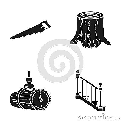 A hacksaw, a stump, a staircase with handrails, a beam. A sawmill and timber set collection icons in black style vector Vector Illustration