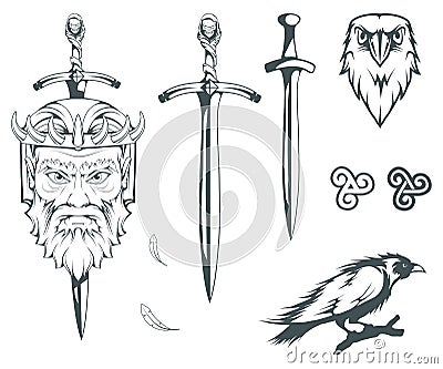 Hades - the ancient Greek god of the underworld of the dead. Greek mythology. Sword of hell and the raven. Olympian gods collectio Vector Illustration