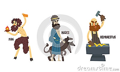 Hades, Hephaestus, Pan Olympian Greek Gods Set, Ancient Greece Mythology Vector Illustration Vector Illustration