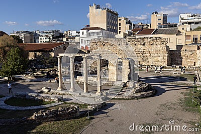 Hadrian Library, remains of Roman Emperor Hadrian building in antique times, Athens, Greece Editorial Stock Photo