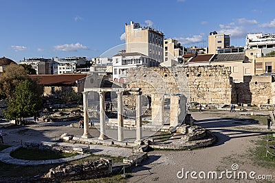 Hadrian Library, remains of Roman Emperor Hadrian building in antique times, Athens, Greece Editorial Stock Photo