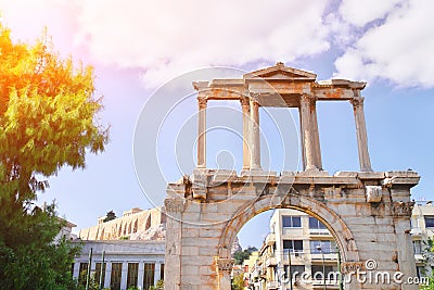 Hadrian`s gate of new city of Athens. The Arch of Hadrian, commonly Hadrian`s Gate, is a monumental gateway resembling a Roman Stock Photo