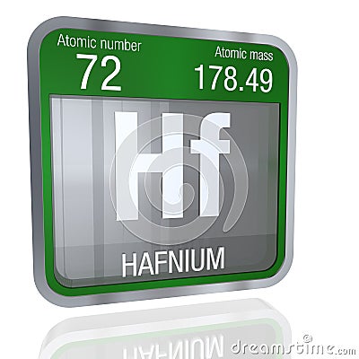 Hafnium symbol in square shape with metallic border and transparent background with reflection on the floor. 3D render Stock Photo