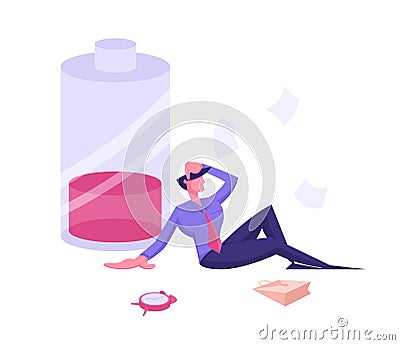 Haggard Businessman Sit near Huge Battery with Low Red Charging Level and Alarm Clock Lying beside. Tired Employee Vector Illustration
