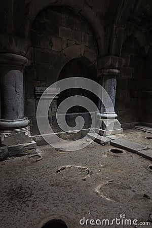 The Haghpat monastery in Armenia. Openings in the floor in place Stock Photo