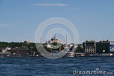 Hagia Sophia, Blue Mosque and the Golden Horn, as seen from Galata in Istanbul, Turkey Editorial Stock Photo