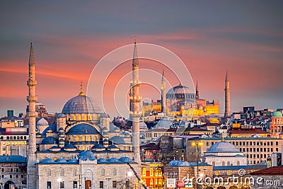 Hagia Sophia Grand Mosque and Mosque at night, Hagia Sophia domes and minarets old town, Istanbul, Turkey, Turkiye, Byzantine Stock Photo