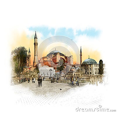 Hagia Sophia, Istanbul, Islamic historical mosque and Museum. Watercolor sketch. Stock Photo