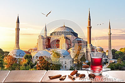 The Hagia Sophia Mosque and traditional turkish tea party nearby, Istanbul Stock Photo