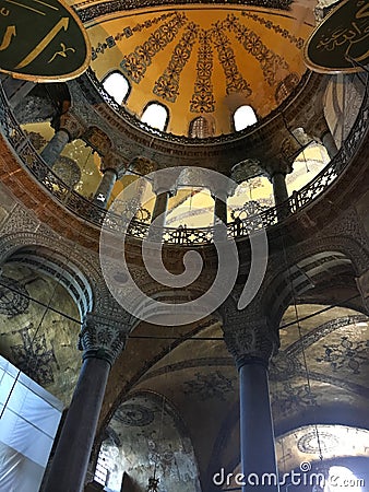 The Hagia Sophia ornamental ceiling, Byzantine architecture, famous landmark and architectural world wonder in Istanbul, Turkey Editorial Stock Photo