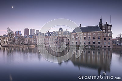 The Hague - February 17 2019: The Hague, The Neherlands. Binnenhof castle, Dutch Parliament, with the court pond Editorial Stock Photo