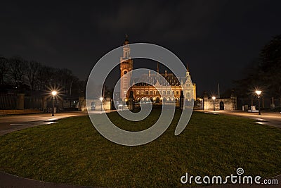 The Hague - January 18 2019: The Hague, The Netherlands. Peace Palace Dutch: vredespaleis at dusk. The Hague in the Stock Photo