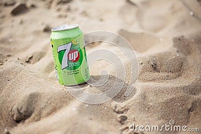 The Hague, Netherlands - 09.06.2019:. Can of new 7up free of the beach. Editorial Stock Photo