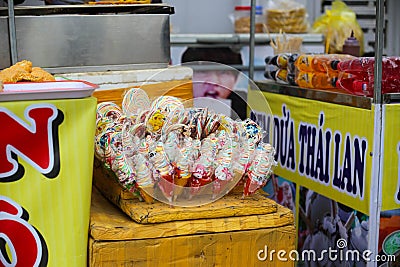 Hai Duong, Vietnam - 24 Jan 2023: Colorful lollipops are sold at the mall in Hai Duong Editorial Stock Photo