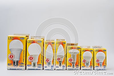 Hai, Ukraine - January 5, 2017: Different LED lamps on boxes iso Editorial Stock Photo