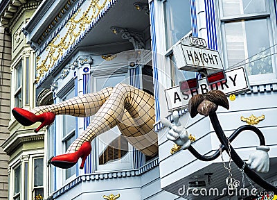 Haight-Ashbury, comic female legs with tights and red heels through window in a blue house - San Francisco, California, CA Editorial Stock Photo