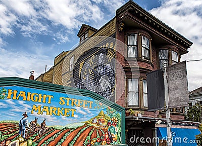 Haight Street Market and mural of Jimi Hendrix, Haight-Ashbury n Editorial Stock Photo