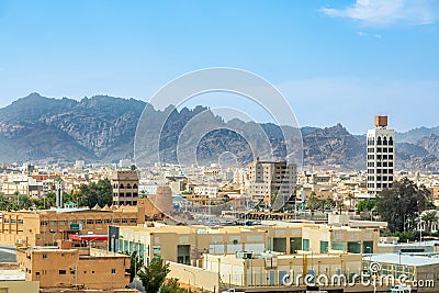 Hail city downtown with mountains in the background, Hail, Saudi Arabia Stock Photo