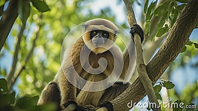 hainan gibbon is playing in the tree Stock Photo