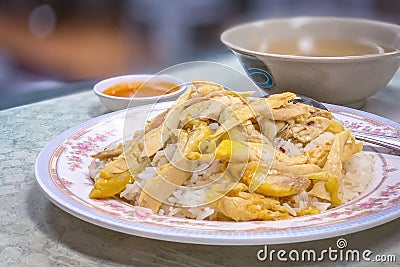 Hainan Chicken rice with soup and source Stock Photo