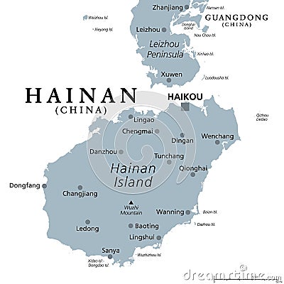 Hainan, southernmost province of China, PRC, gray political map Vector Illustration