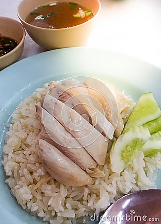 Hainanese chicken rice , Thai gourmet steamed chicken with rice. khao mun kai in Thai speak. Most favorite famous Chinese food Stock Photo