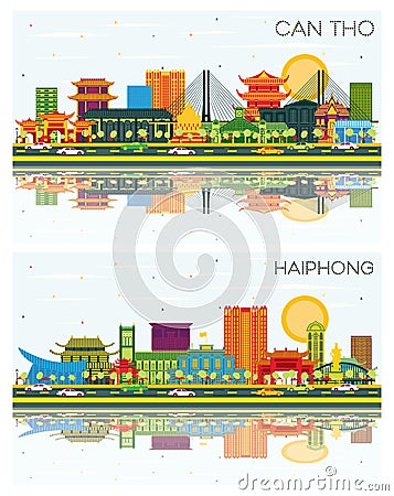 Haiphong and Can Tho Vietnam City Skyline Set Stock Photo