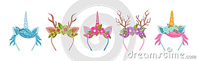 Hair Band and Headband with Decorative Flower, Horn and Antlers Vector Set Vector Illustration