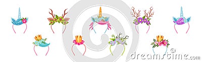 Hair Band and Headband with Decorative Flower, Horn and Antlers Vector Set Vector Illustration
