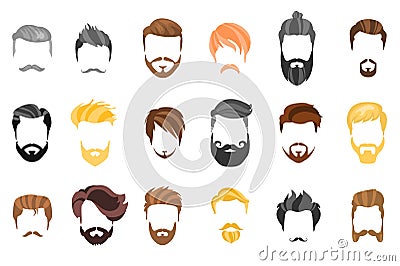 Hair, beard and face, hair, mask cutout cartoon flat collection. Vector men`s hairstyle, illustration, beard and hair Vector Illustration