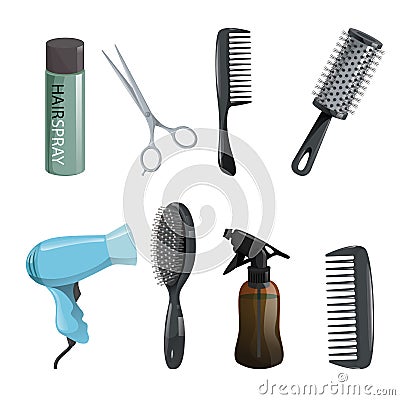 Hair beauty salon equipment set. Hairspray, scissors, comb, hairbrush, dryer. Vector Illustration