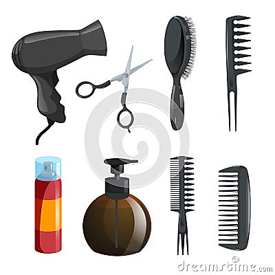 Hair beauty salon equipment set. Hairspray, scissors, combs for styling, massage hairbrush, dryer, brown bottle with moister. Vector Illustration
