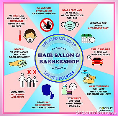 Hair beauty salon new rules poster or public health practices for covid-19 or health and safety protocols or new normal lifestyle Vector Illustration