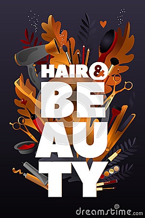 Hair and Beauty Style. Colorful hairdresser decorative illustration with beauty haircut accessories and equipment with big white Vector Illustration