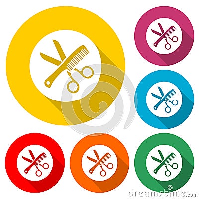 Hair brash and scissors icon with long shadow Vector Illustration