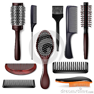 Hair brush vector hairstyling comb or hairbrush and haircare accessory in barber salon illustration set of hairstyle Vector Illustration