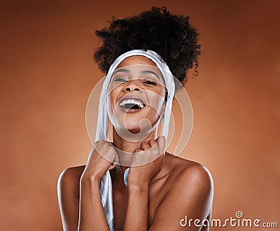 Hair care, beauty and black woman with scarf in studio for wellness, shine and healthy hair. Cosmetics, fashion and Stock Photo