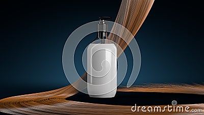 Hair care concept. Shampoo, conditioner on the background of falling strands of hair. 3d rendering Stock Photo