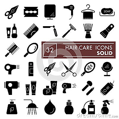 Hair care glyph icon set, beauty symbols collection, vector sketches, logo illustrations, cosmetics signs solid Vector Illustration