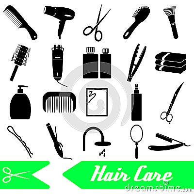 Hair care theme black simple icons set Vector Illustration