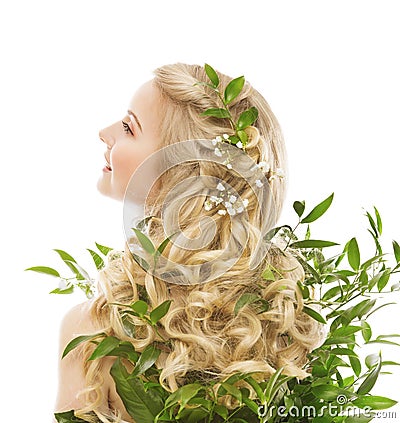 Hair Care, Woman Long Hair and Organic Leaves, Model Rear View Stock Photo