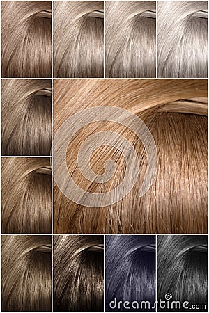 Hair color palette with a wide range of samples. Hair texture in different Stock Photo