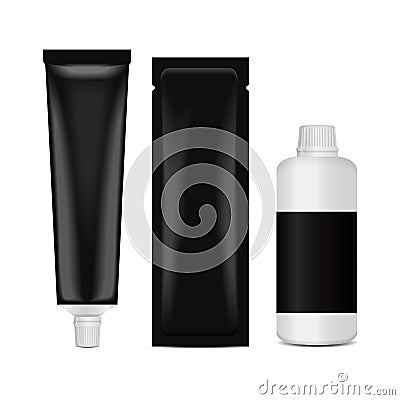 Hair coloring set package - tube, stick, bottle. 3d realistic mock up template Vector Illustration