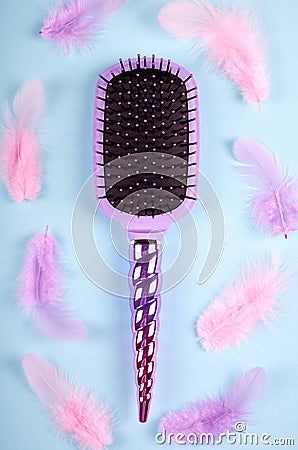 Hair comb on color background, fashion idea. Flat lay and overhead image Stock Photo