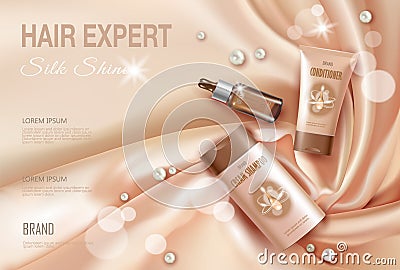 Hair cosmetic ad shampoo moisturizing conditioner serum. Light beige silk fabric water liquid drop flower sakura cherry Vector Illustration