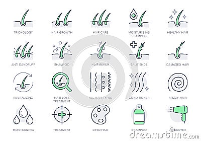 Hair cosmetic line icons. Vector illustration include icon - skincare, frizzy, repair, revitalizing, scalp, dandruff Vector Illustration