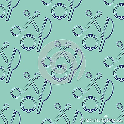 Hair dressing tools vector seamless pattern. Infographic backdrop scribbled sketch with scissors, brush and coronavirus Vector Illustration