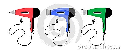 Hair dryer flat icon. Hairdressing equipment sketch. Professional tool. Vector illustration. Barber symbol Vector Illustration
