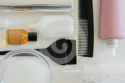 Hair dye tools on white background, space for text Stock Photo