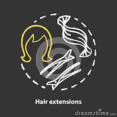 Hair extensions chalk concept icon. Clip in hair remy tapes, wig and accessories. Hairstyling and hairdo idea Vector Illustration